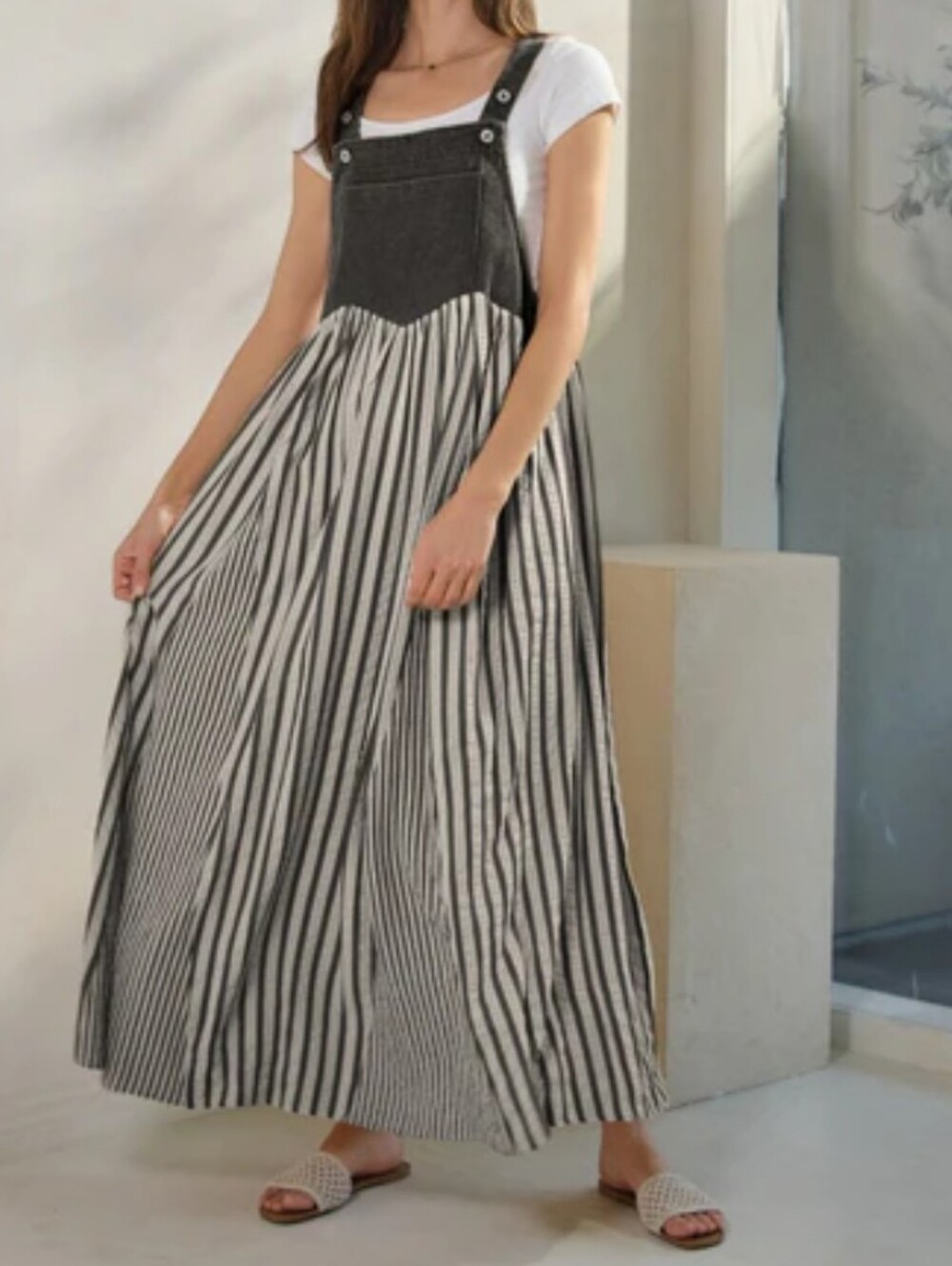 Oddi Colored Denim and Striped Overall Dress in Washed Black Large